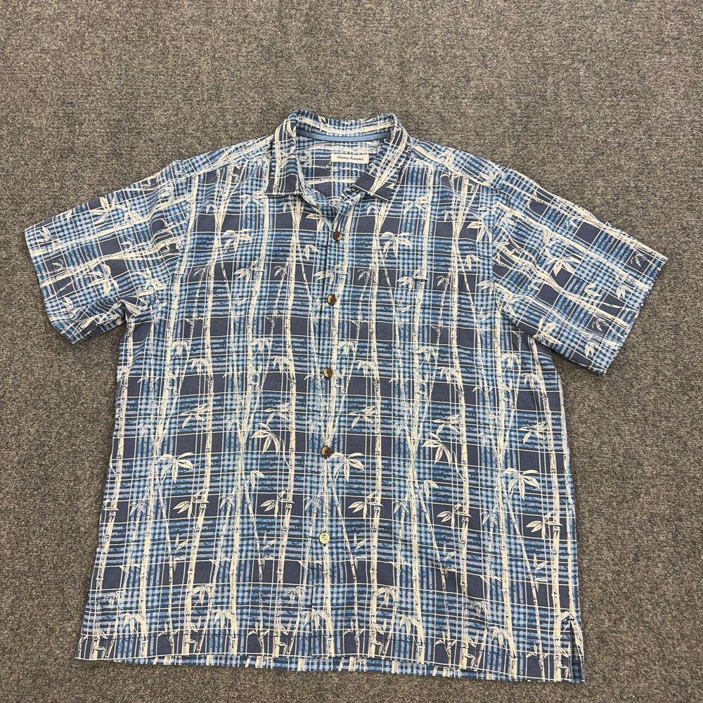 Tommy Bahama Shirt Mens XL Blue Bamboo Silk Short Sleeve Button Front Hawaiian
